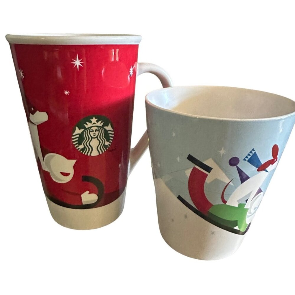 Starbucks 2011 Set/2 Mugs 8oz and 16oz Sledding Dog‎